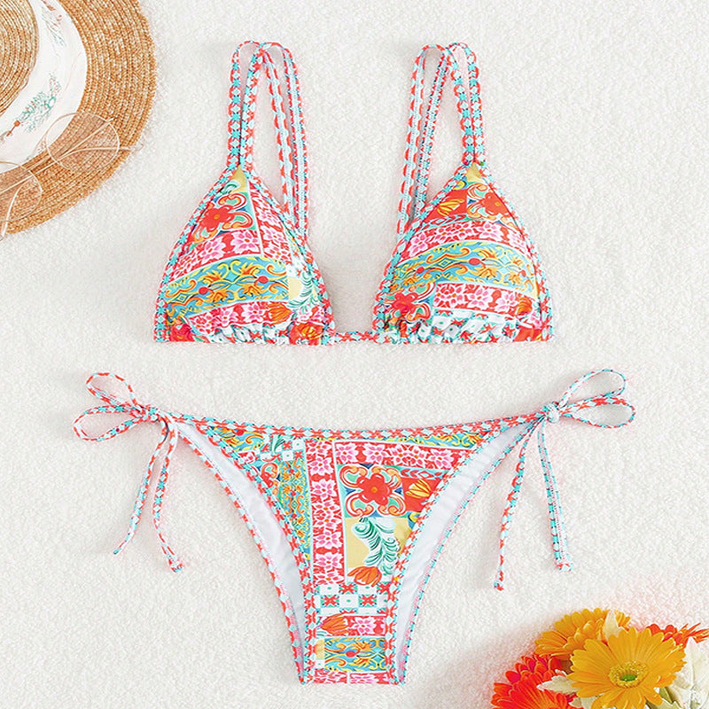 Print Halter Sexy Bikini Tie Split Swimsuit
