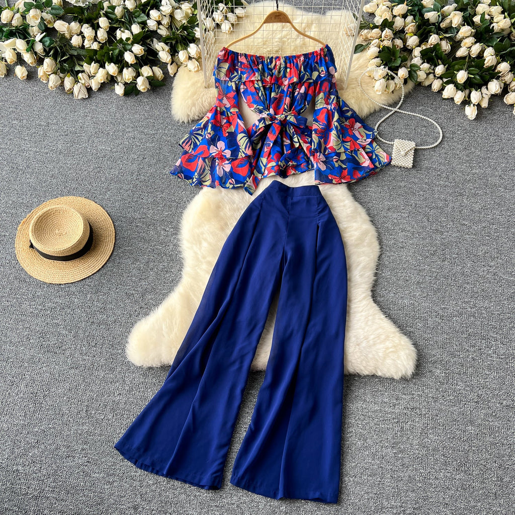 Floral Chiffon Top&Wide-leg Trousers 2Pcs