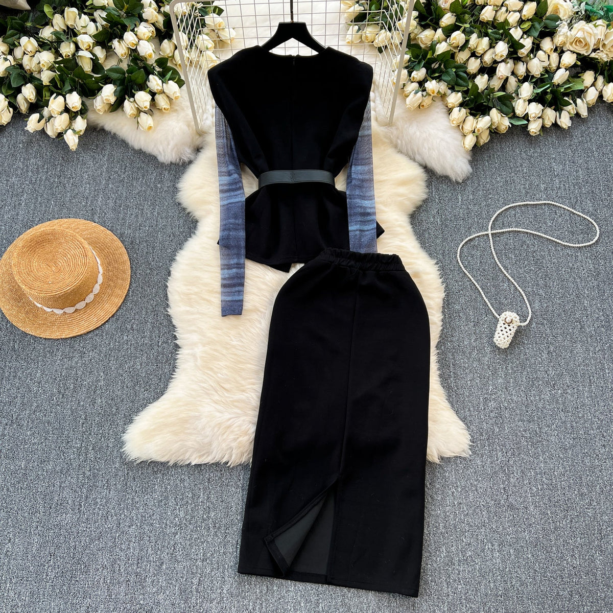 Patchwork Mesh Top&Black Skirt 3Pcs