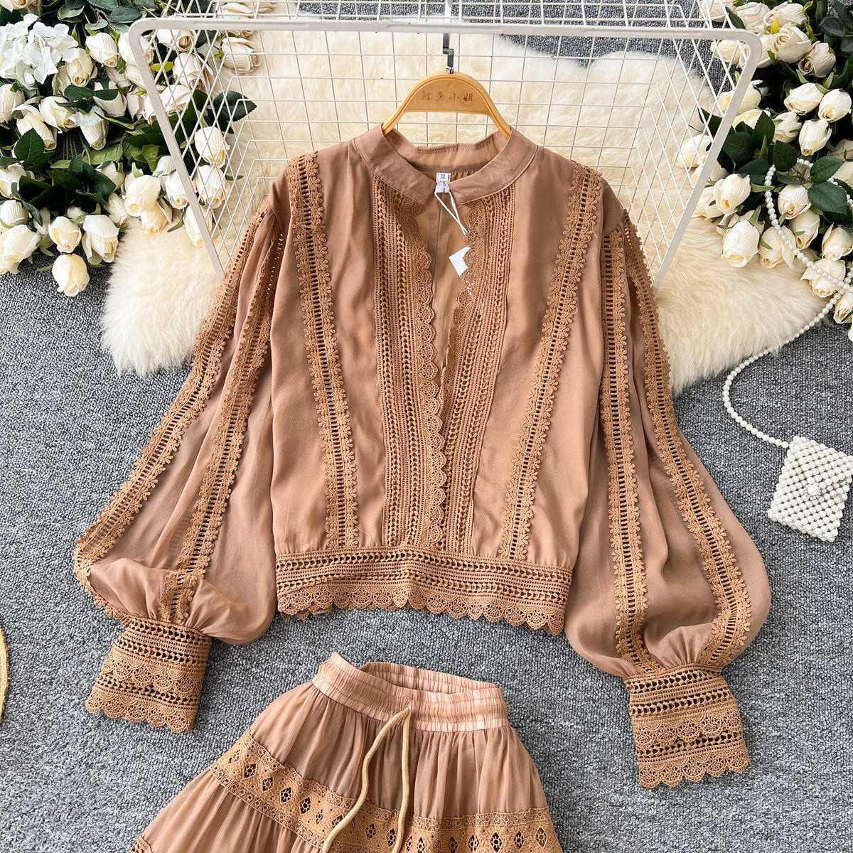V-neck Shirt&Skirt Lace Patchwork 2Pcs