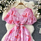 Vintage V-neck Draped Floral Dress