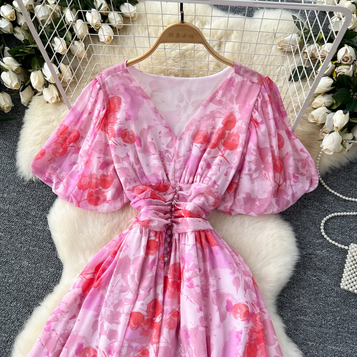 Vintage V-neck Draped Floral Dress