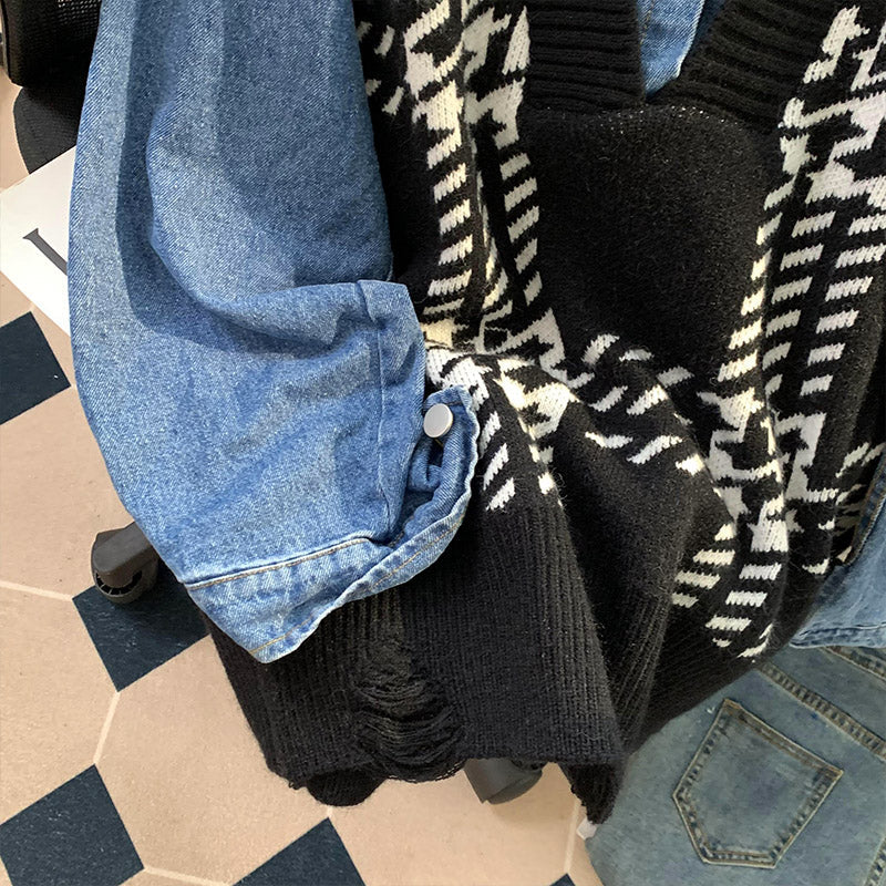Niche Faux Two-pieces Denim Patchwork Knitwear
