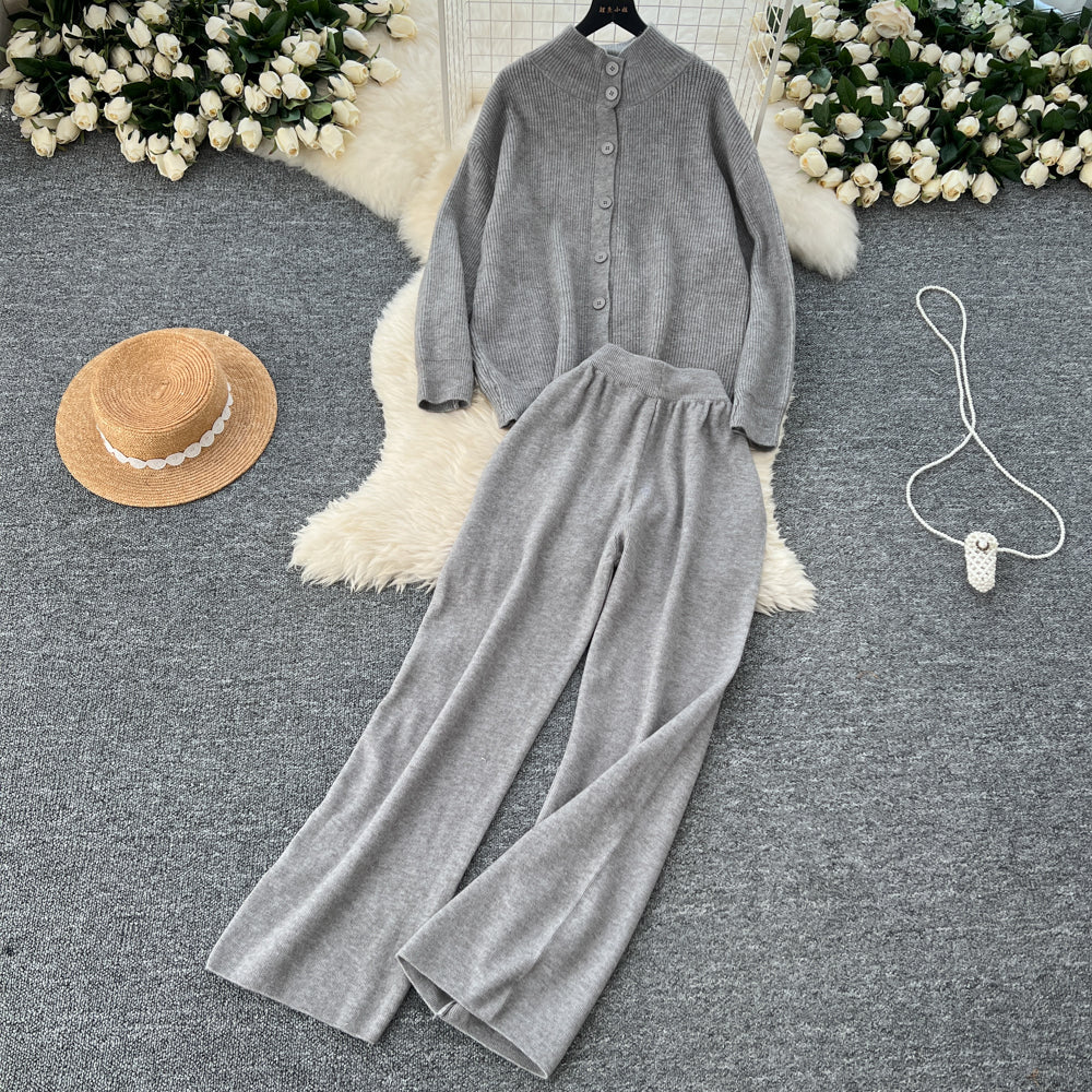 Turtleneck Cardigan&Wide-leg Trousers 2Pcs