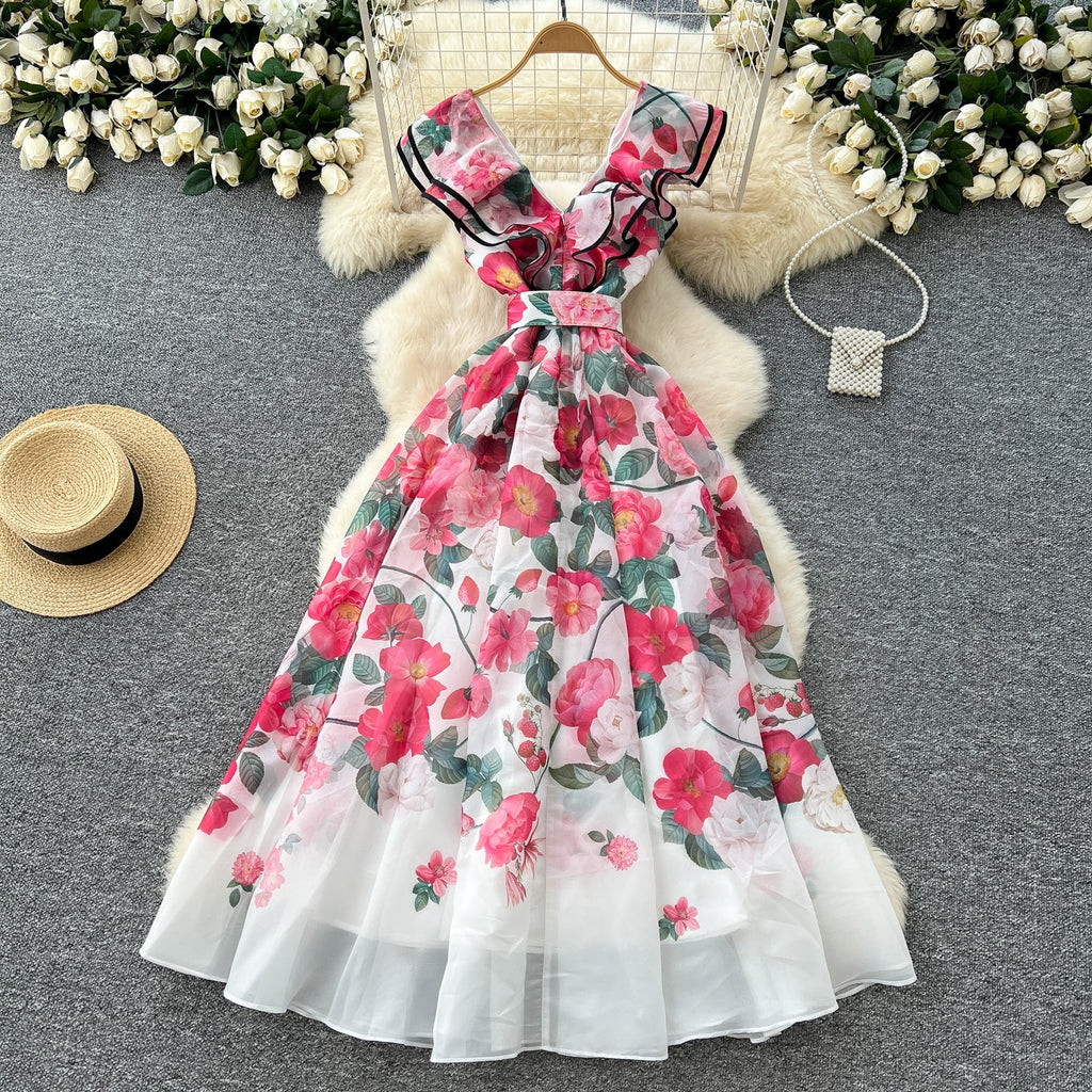 V-neck Ruffled Floral Printed Dress