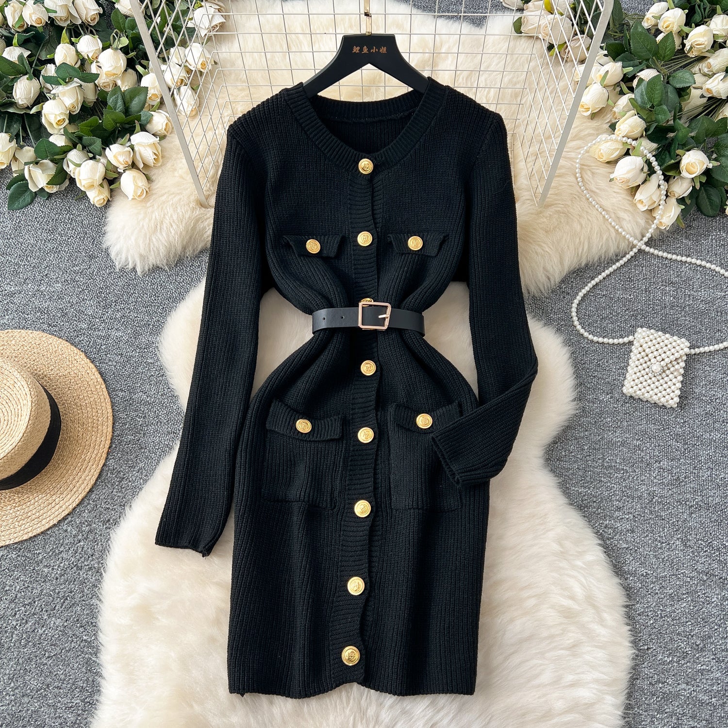 Metal Button Cardigan Dress with Belt