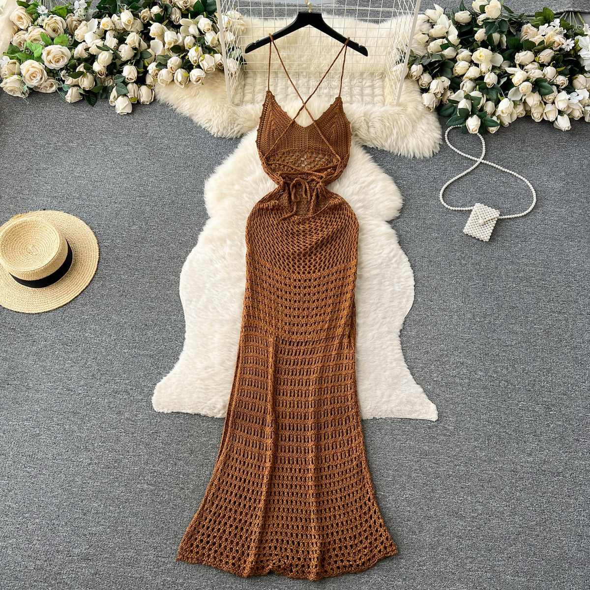 Bohemia Hollowed Caramel Slip Dress