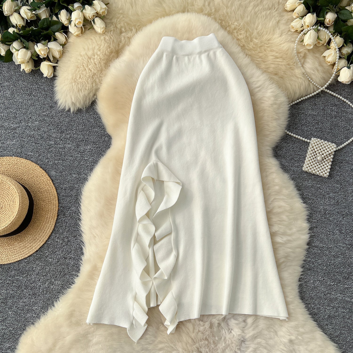 Solid Color Ruffled Knitted Skirt