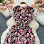 V-neck Elastic Waist Floral Dress