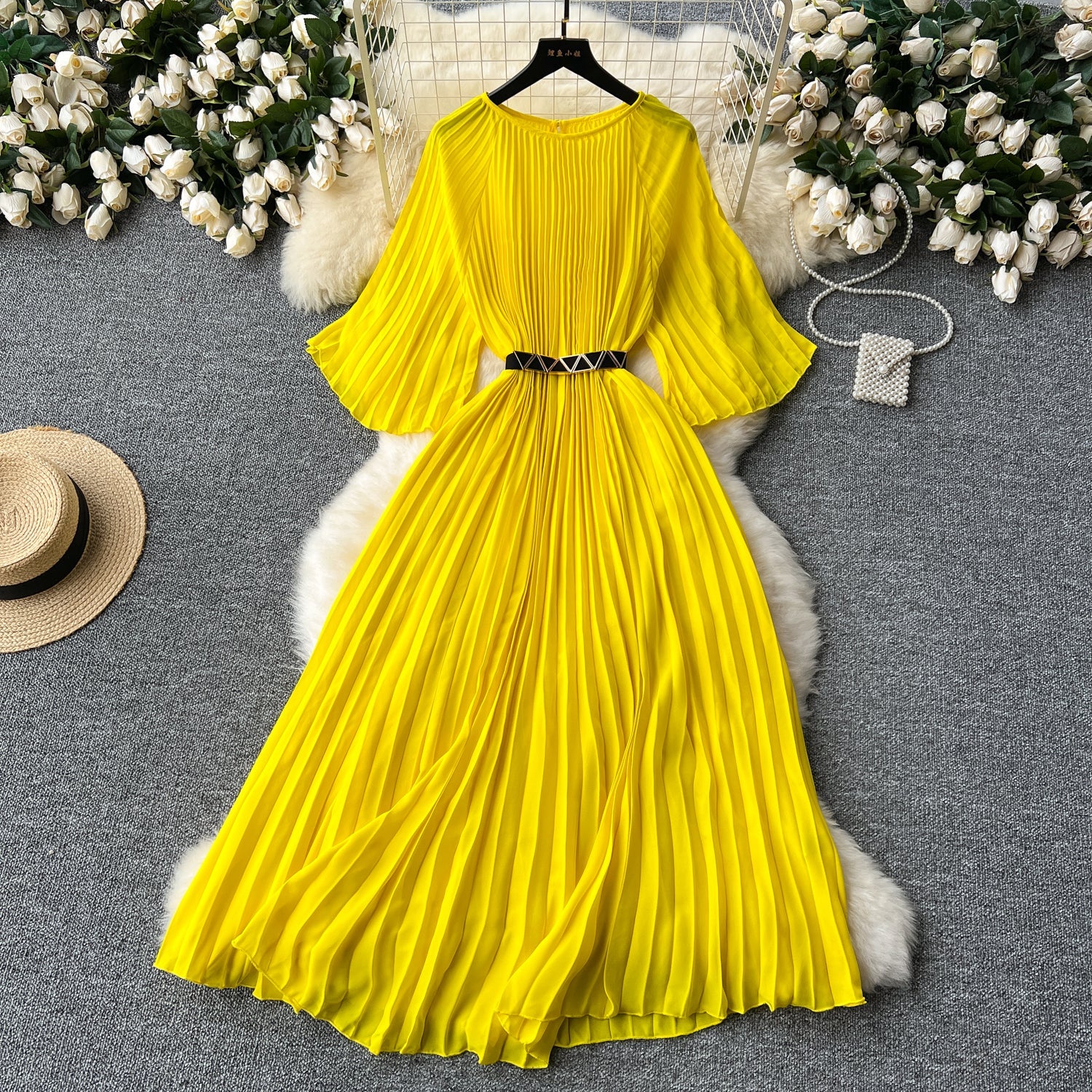 Vintage Solid Color Pleated Dress