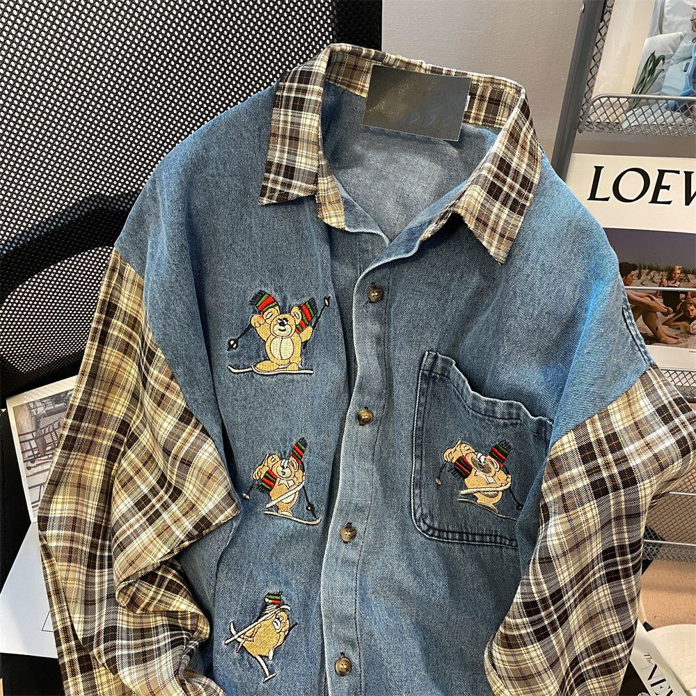 Vintage Denim Patchwork Plaid Shirt
