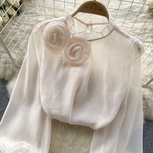 3d Flower Stand Collar Chiffon Shirt