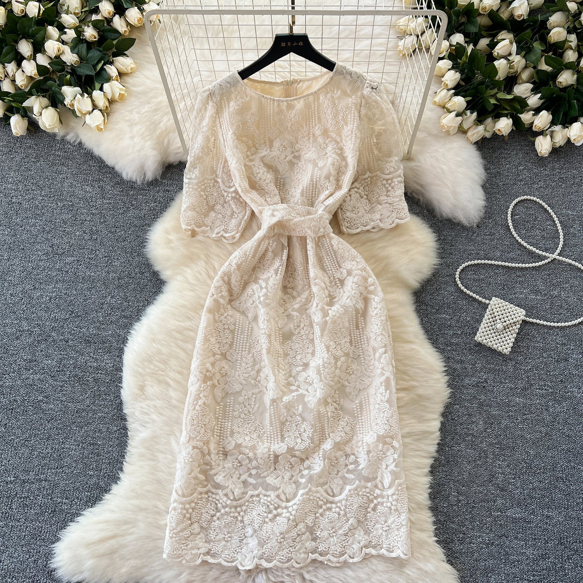 Vintage Lace Crochet Apricot Dress