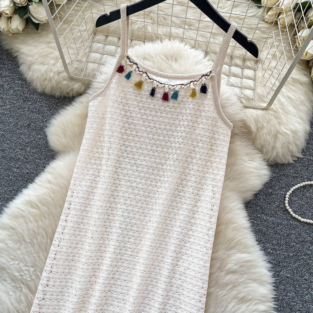 Bohemian Style Hollowed Fringed Slip Dress