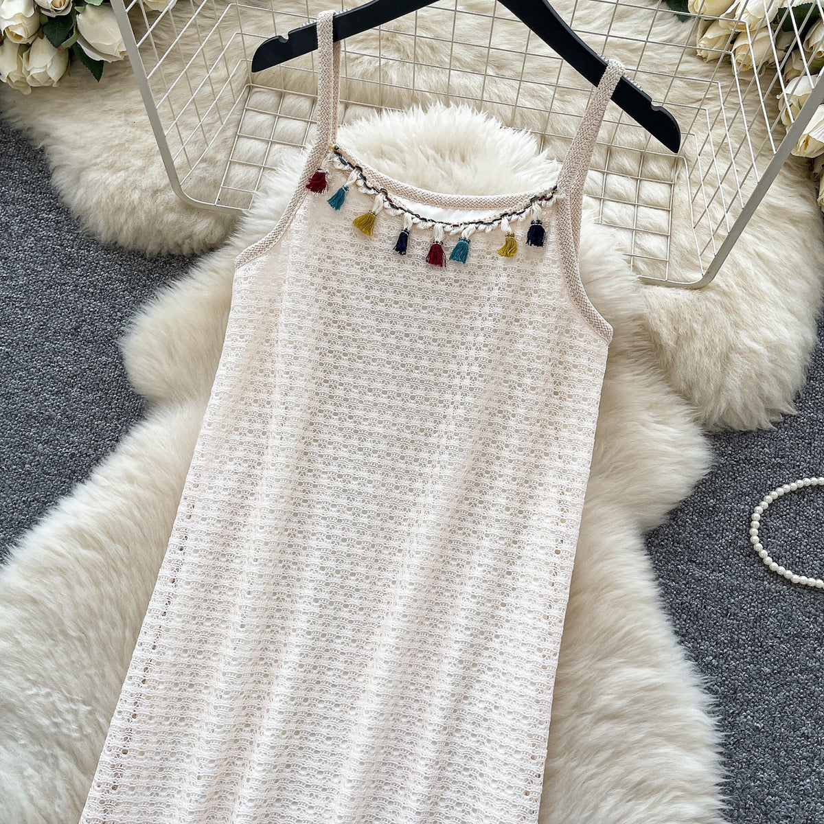 Bohemian Style Hollowed Fringed Slip Dress