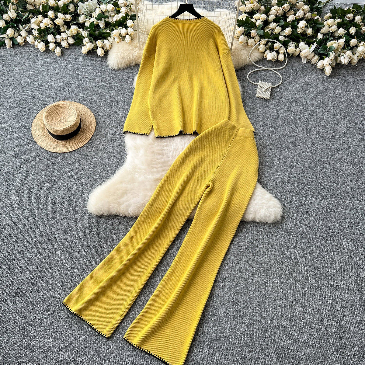Round-collar Sweater&Trousers 2Pcs