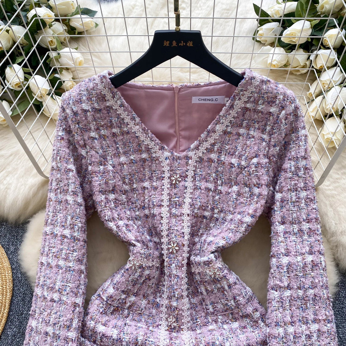 V-neck Furry Patchwork Pink Tweed Dress