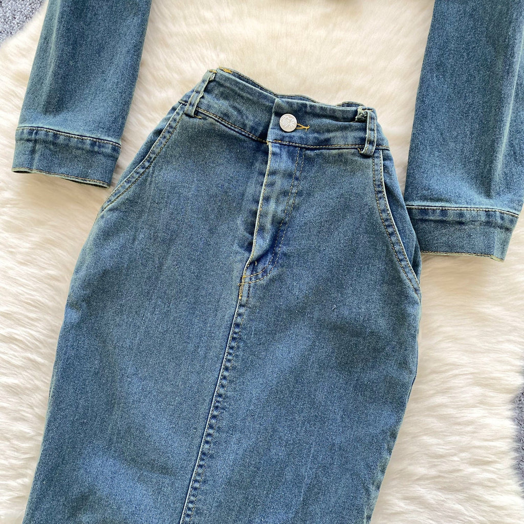 Vintage Denim Shirt & Fishtail Skirt 2Pcs