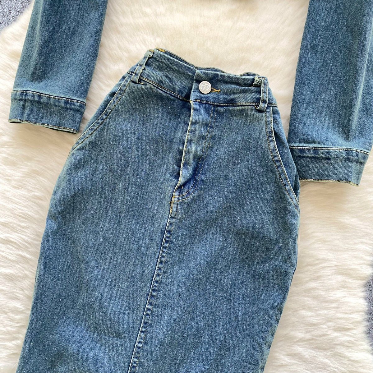 Vintage Denim Shirt & Fishtail Skirt 2Pcs