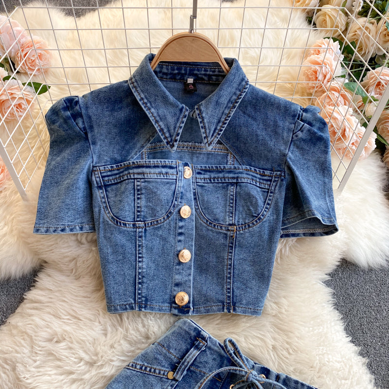 Shirt&Lace-up Shorts Denim 2Pcs