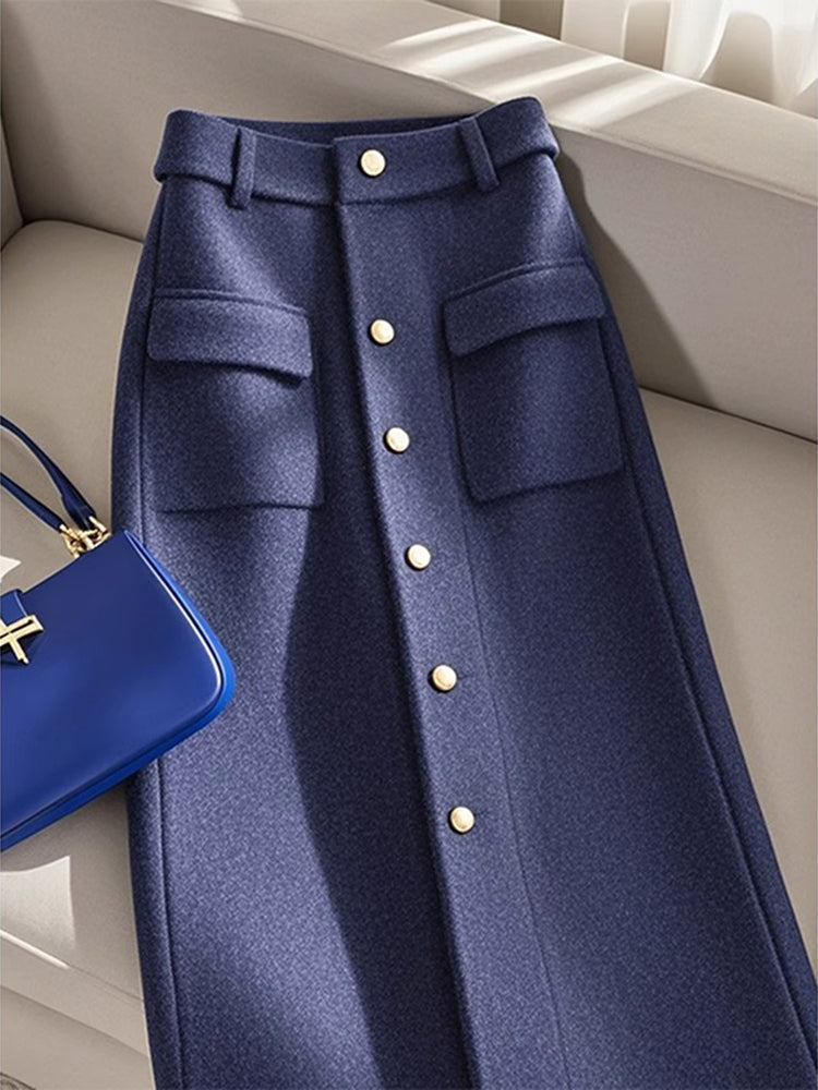 French Style Blue Tweed Half-body Skirt