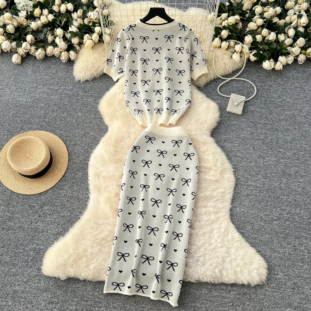 Bow Knitwear & Hip-wrapping Skirt 2Pcs