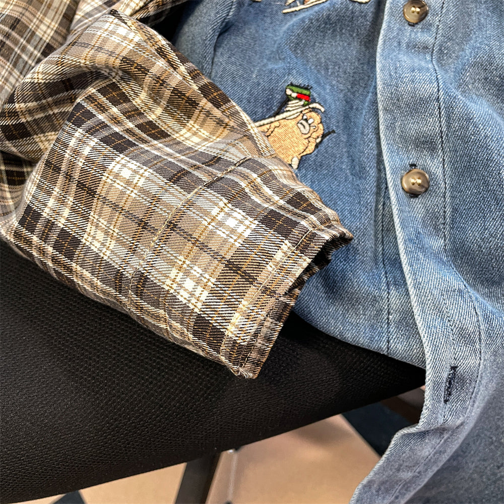 Vintage Denim Patchwork Plaid Shirt
