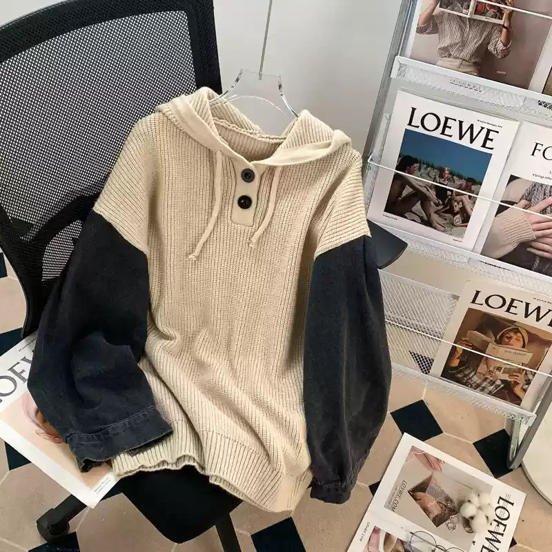 Vintage Denim Patchwork Striped Sweater