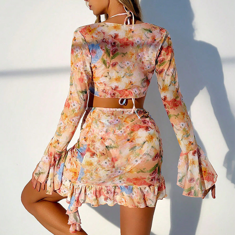 Printed Beach Skirt Bikini 4-pcs Swimsuit