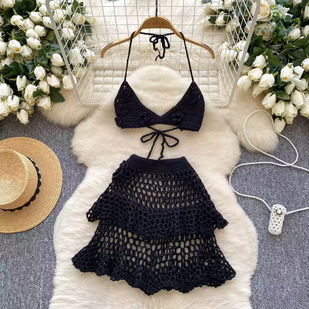 3D Camisole & Skirt Hollow Knitted 2Pcs