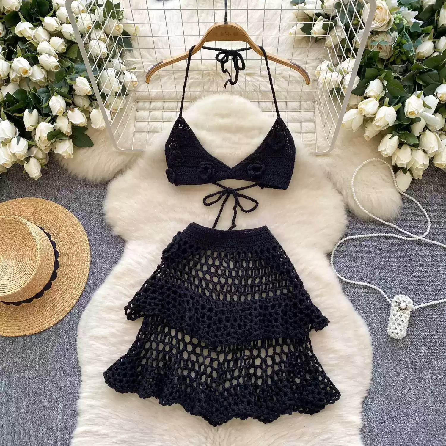 3D Camisole & Skirt Hollow Knitted 2Pcs