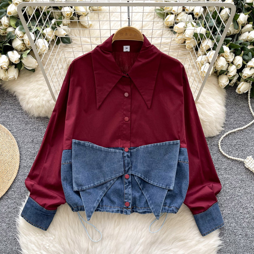 Niche Bow Denim Patchwork Shirt