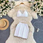 Fringed Halter Top&Skirt Knitted 2Pcs