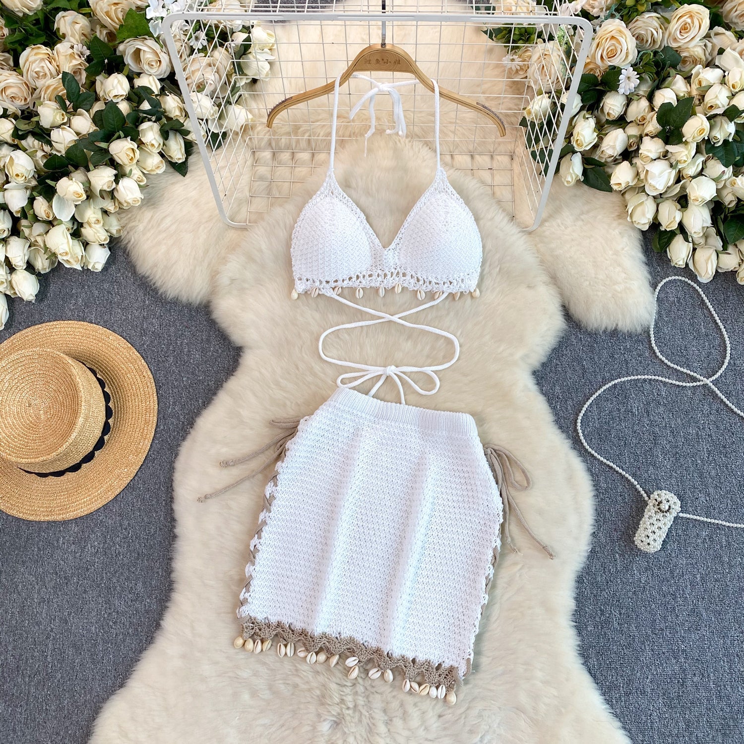 Fringed Halter Top&Skirt Knitted 2Pcs