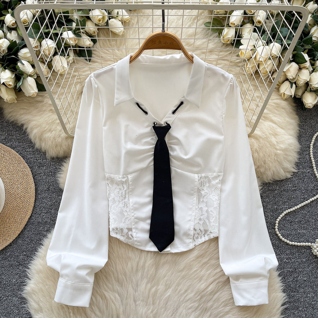 High-end Lace Patchwork Lapeled Blouse