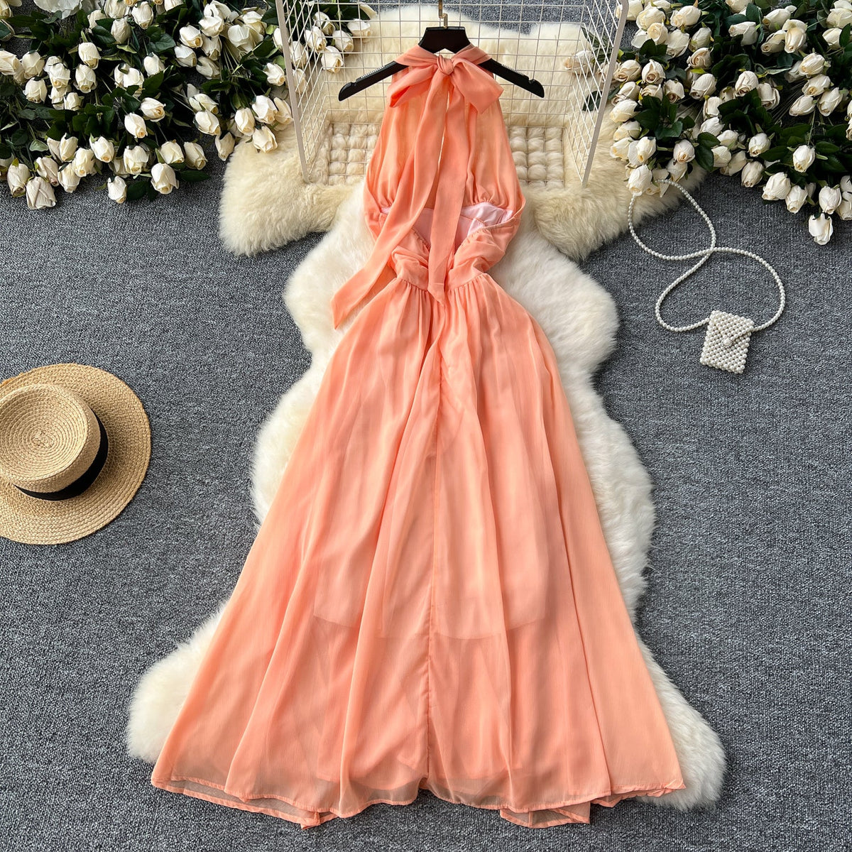 Orange Sleeveless Halter Chiffon Dress