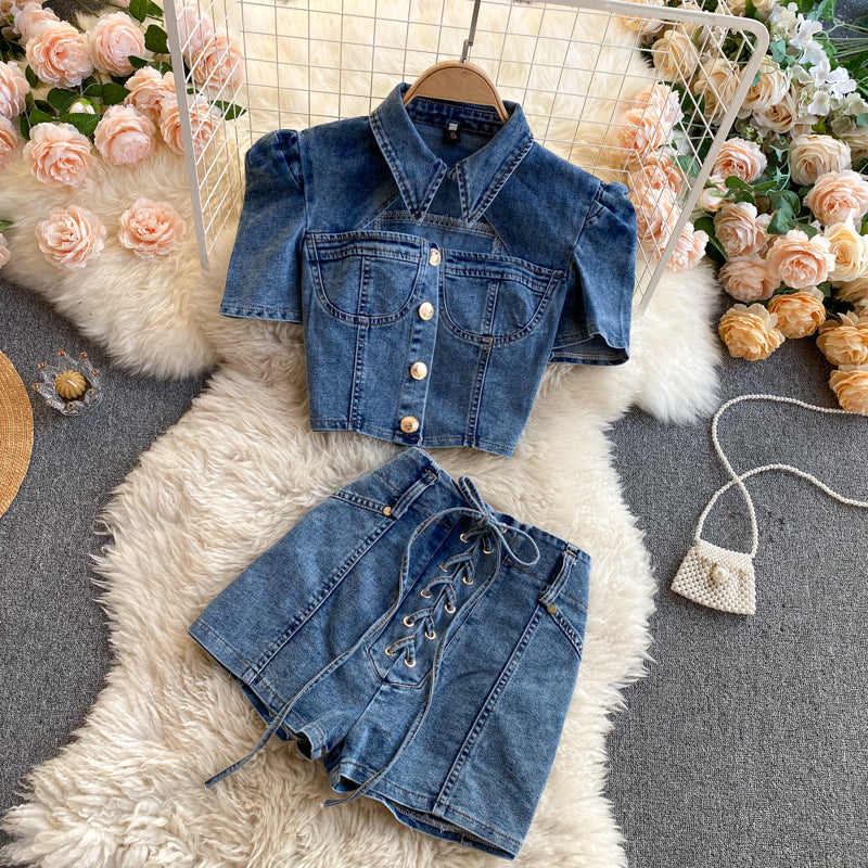 Shirt&Lace-up Shorts Denim 2Pcs