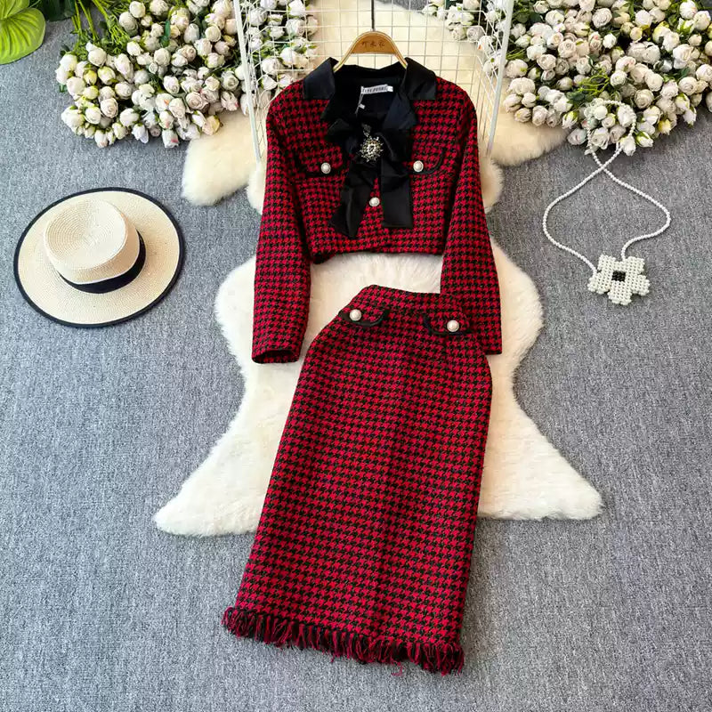 Bow Cardigan&Skirt Houndstooth 2Pcs