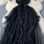 Elegant Black Mesh Sequined Slip Dress