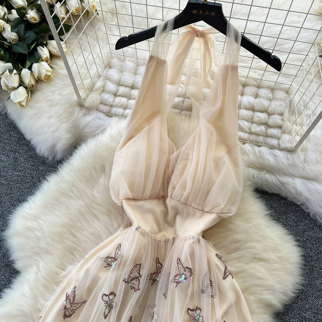 Backless Butterfly Sequined Halter Dress