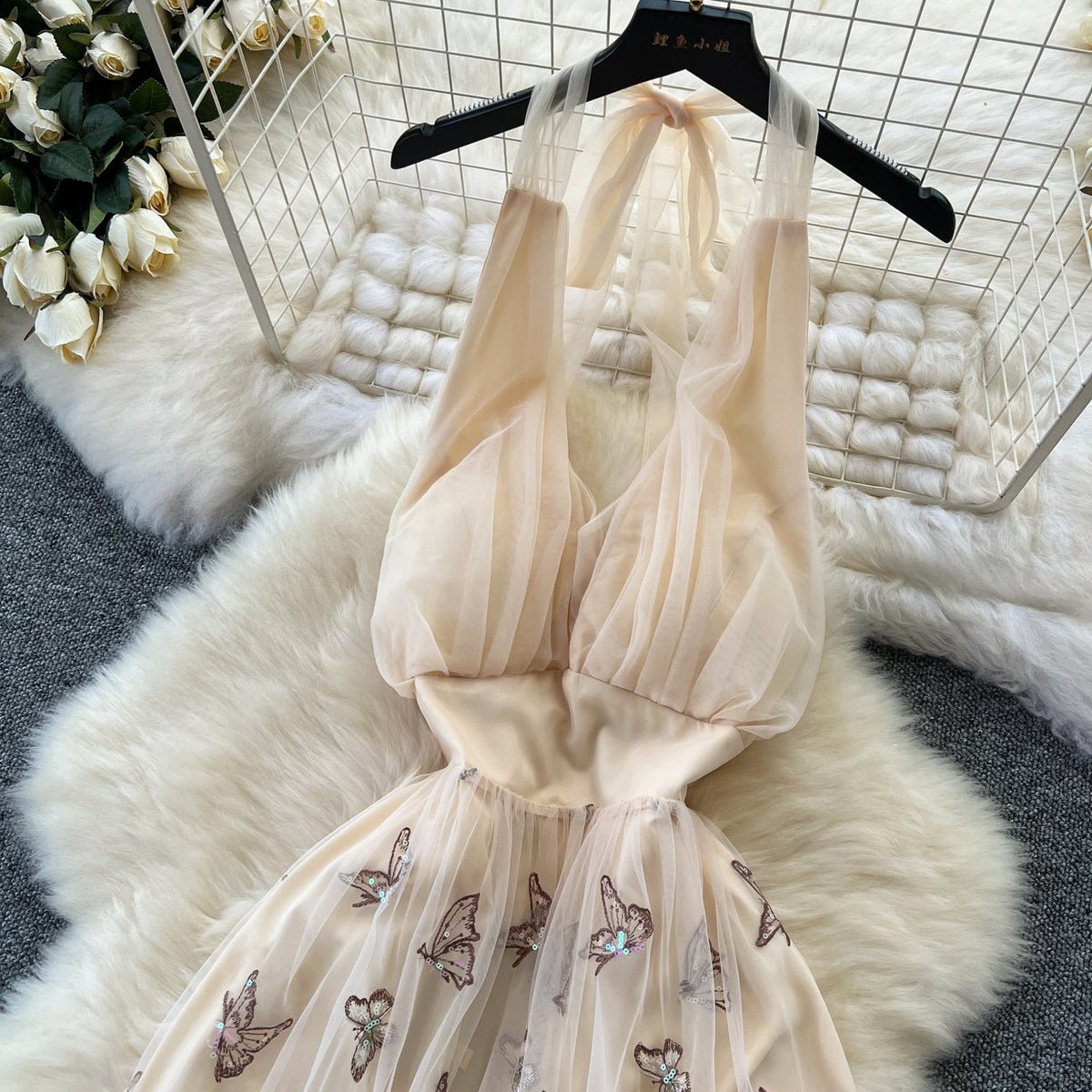 Backless Butterfly Sequined Halter Dress