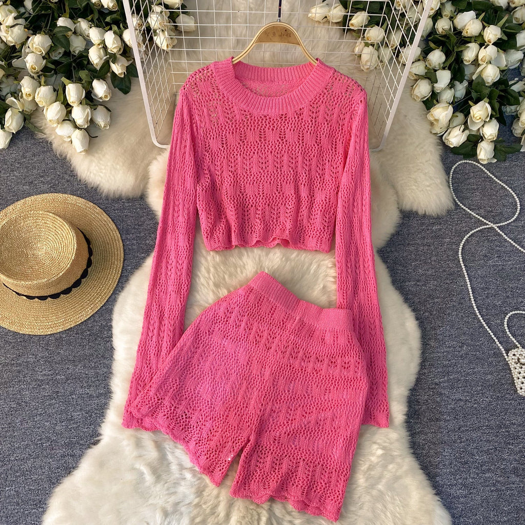 Crew Neck Top&Shorts Knitted 2Pcs