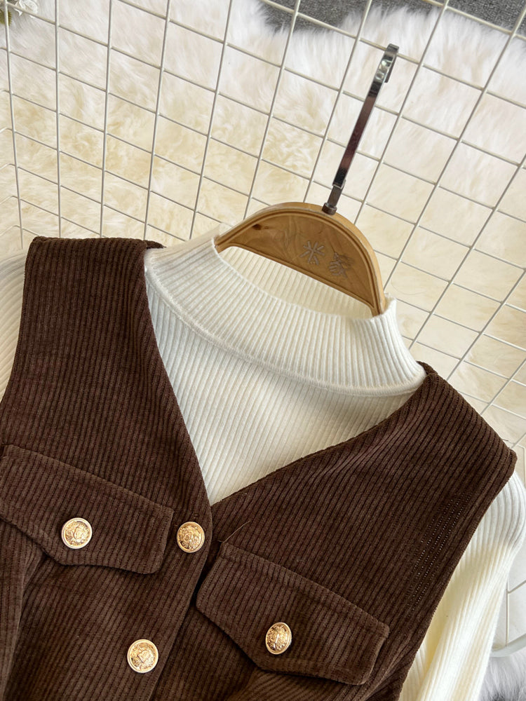 Corduroy Vest Dress&Knitwear 2Pcs