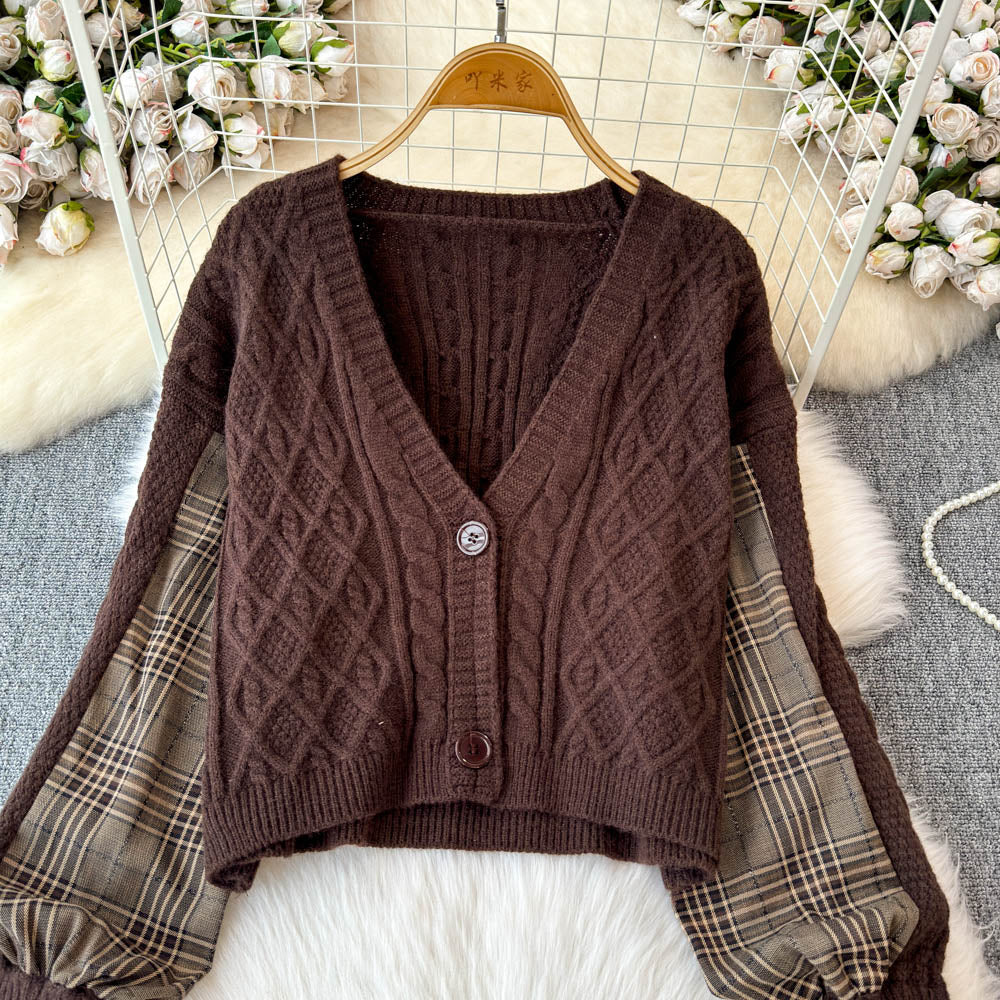 Plaid Patchwork Cardigan&White Shirt 2Pcs