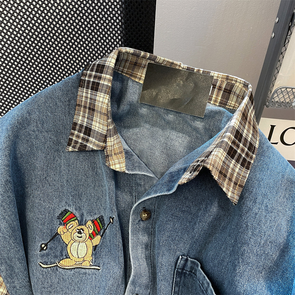 Vintage Denim Patchwork Plaid Shirt