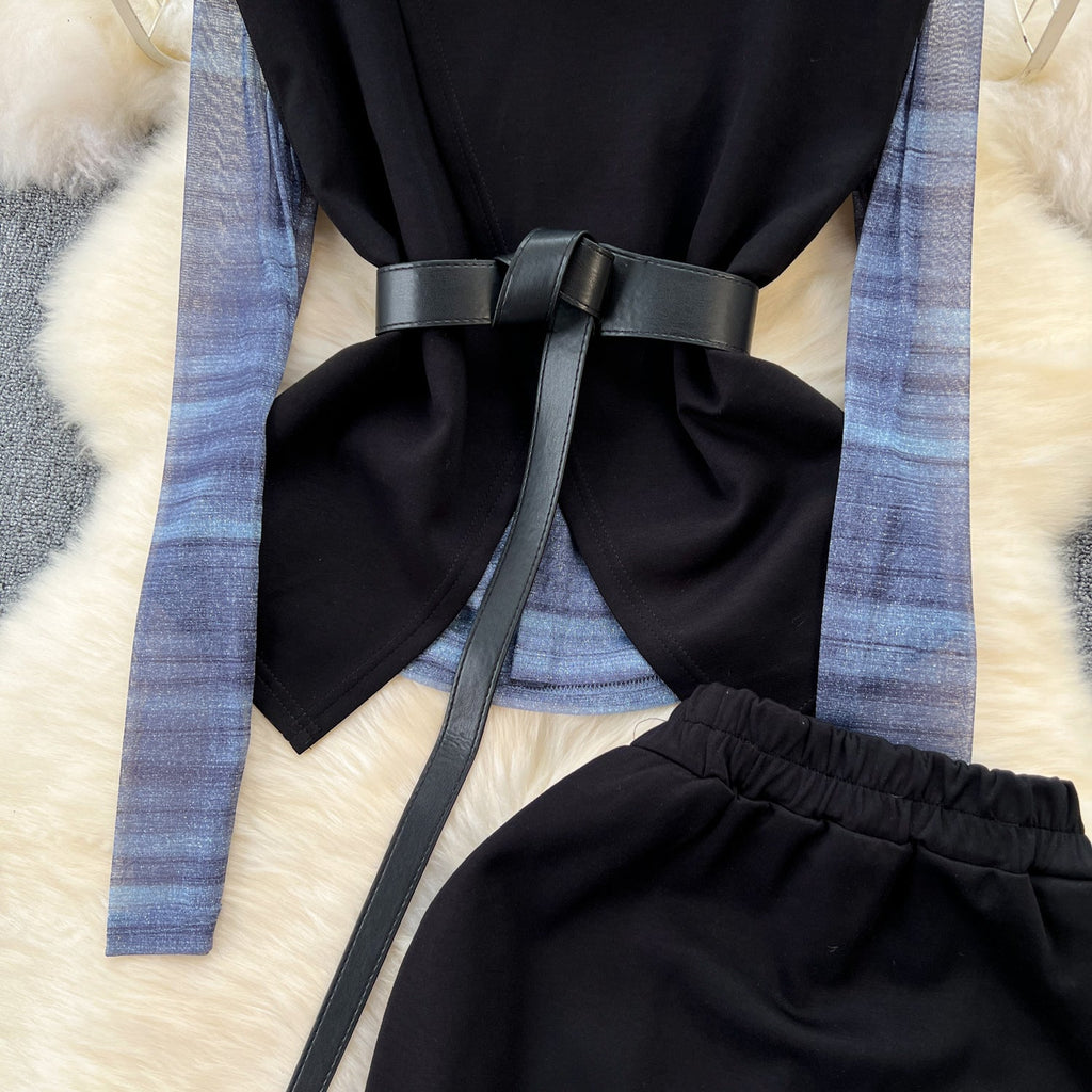 Patchwork Mesh Top&Black Skirt 3Pcs