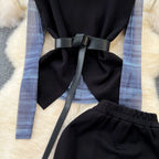 Patchwork Mesh Top&Black Skirt 3Pcs