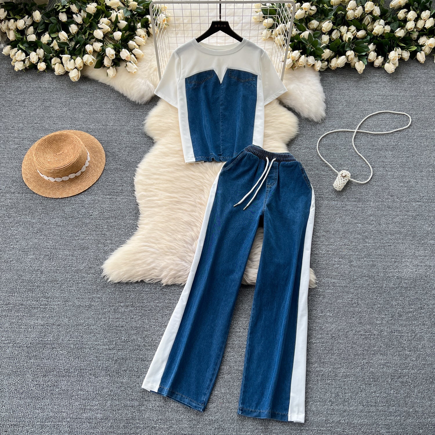 Patchwork Top&Trousers Denim 2Pcs