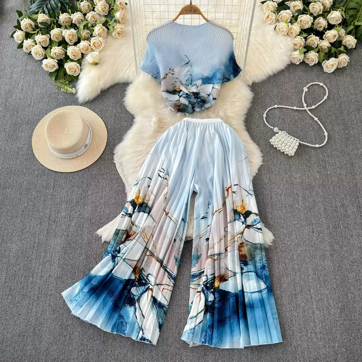 Chiffon T-shirt & Wide-leg Trousers 2Pcs