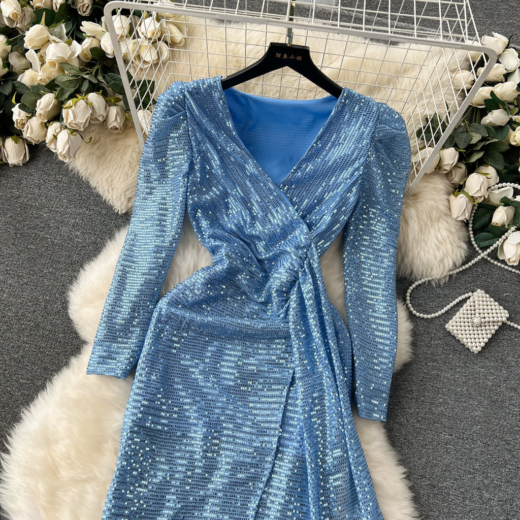 Slim-fit V-neck Sequined Party Dress